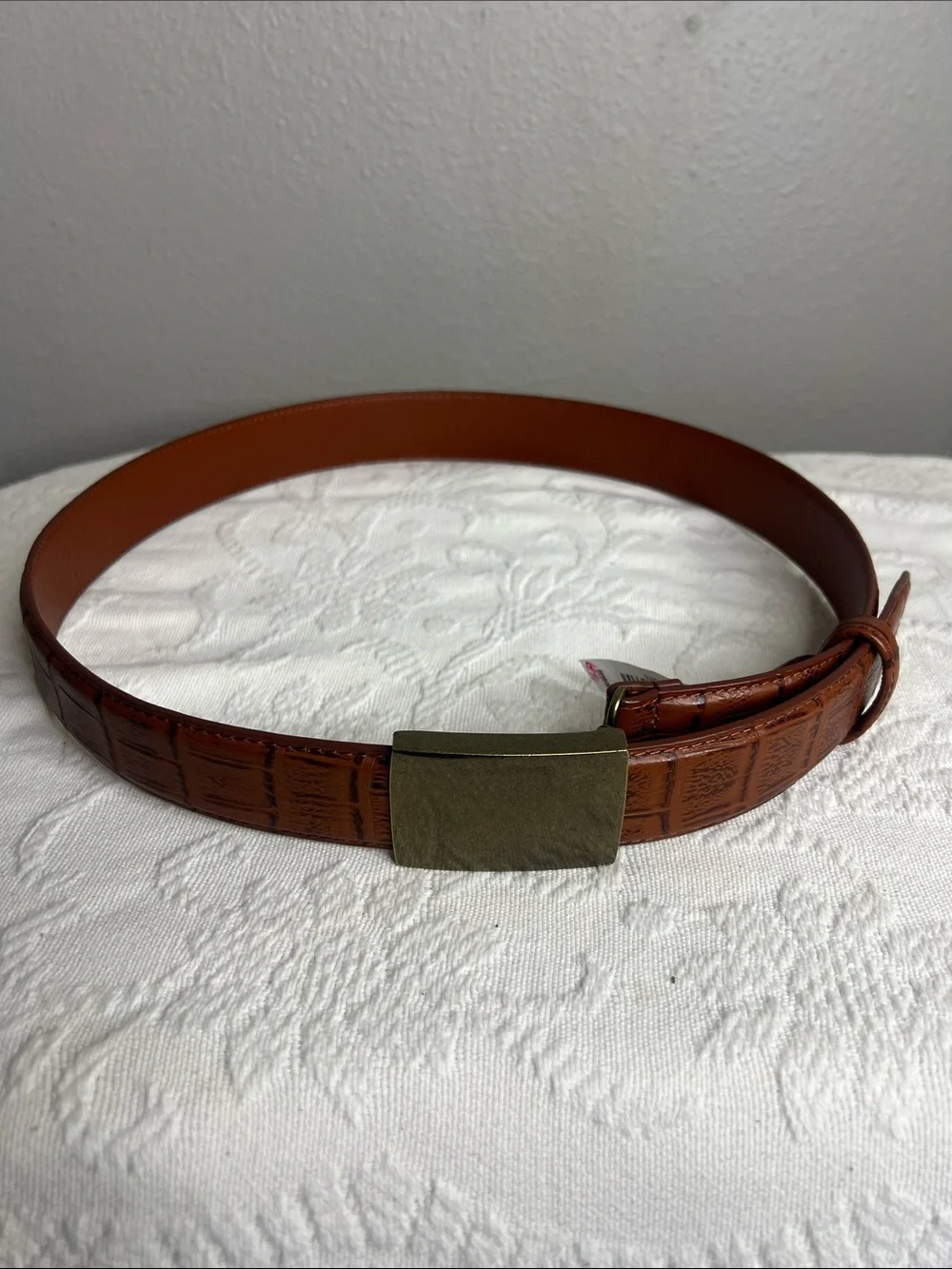 Men's Brown Croc-Embossed Leather Belt with Brass Buckle Size 34
